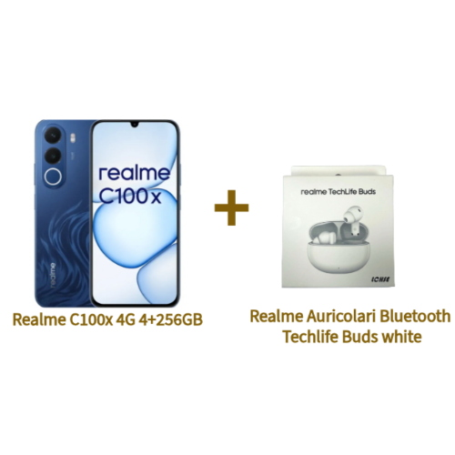 BUNDLE REALME C100X 4G 4+256GB 6.8" DUAL SIM NFC DEEPBLUE TIDES TIM ITALIA + REALME AURICOLARI BLUETOOTH TECHLIFE BUDS WHITE
